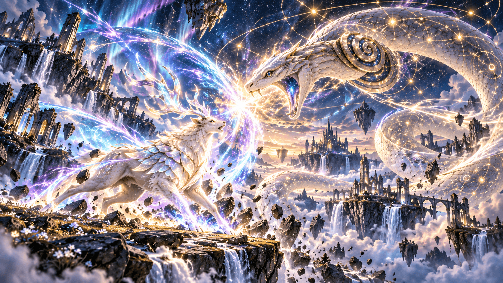 Two legendary NestRune guardians clash with celestial magic above the Garden of Lands